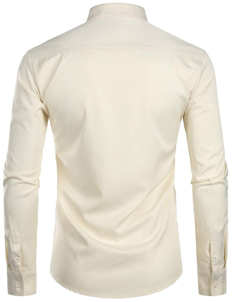 ZEROYAA Men's Banded Collar Slim Fit Long Sleeve Casual Button Down Dress Shirts with Pocket ZLCL09 Beige Large - Image 2